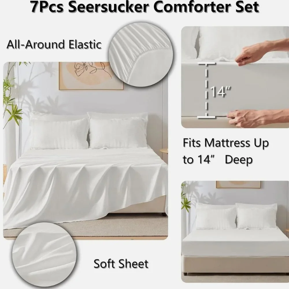 Twin XL Seersucker Comforter Set with Sheets White 5 Pieces